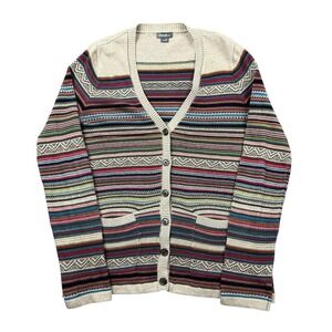Eddie Bauer Cardigan Sweater Women Medium Striped Button Front Pockets Fisherman